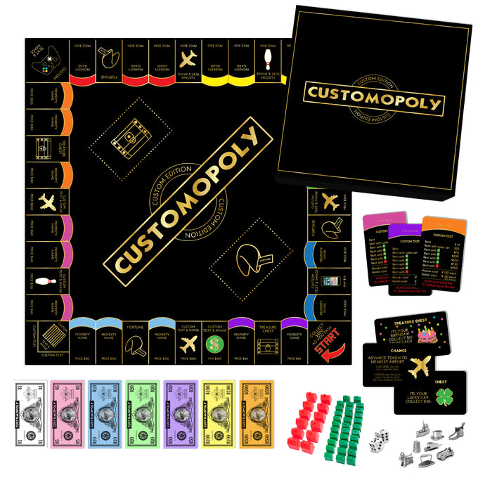 Custom Monopoly Board Game by Dani Kates Designs. Personalized board game, the gift for the person who has everything. Black and gold edition.