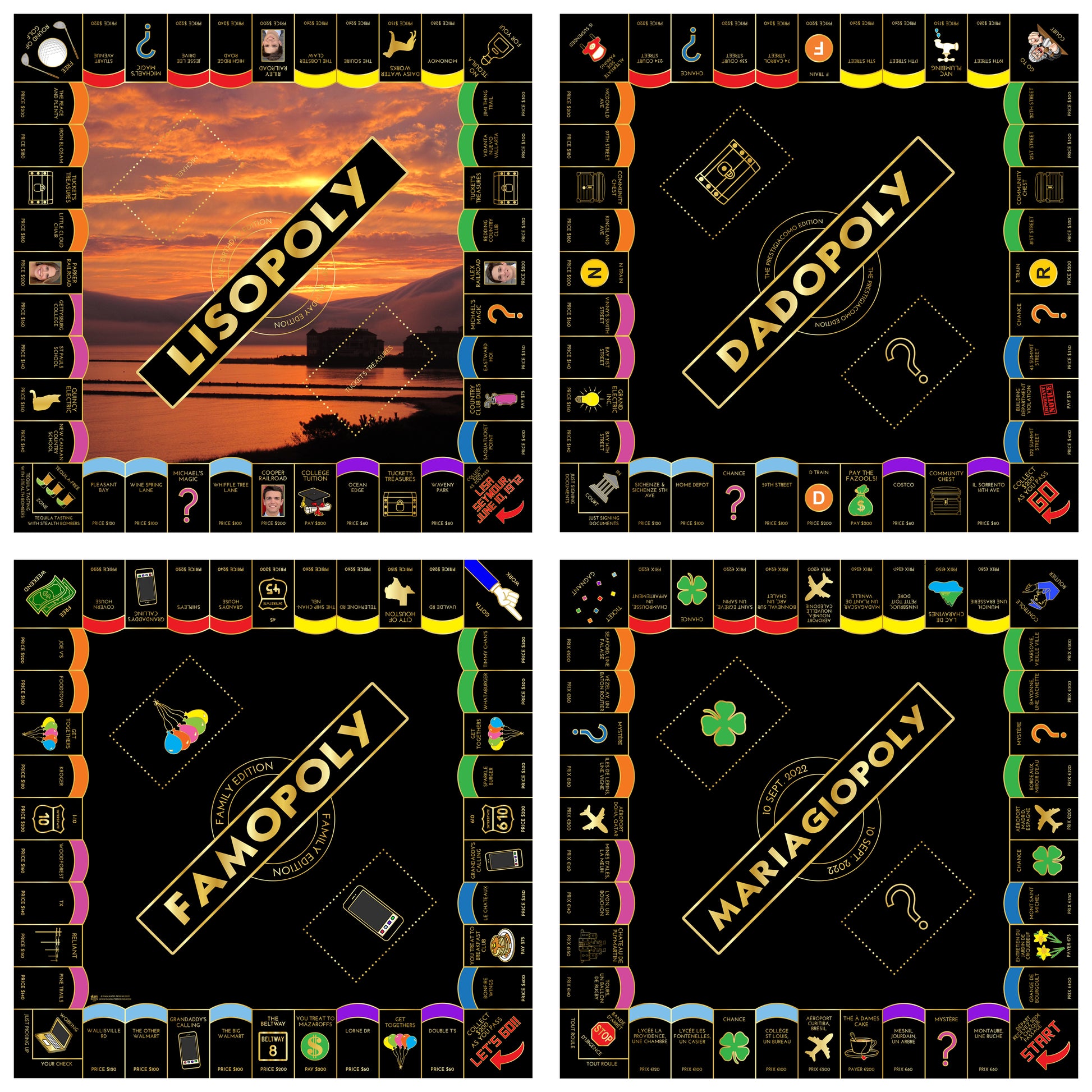 Black and Gold custom made board game. Make your very own board game with Custom Monopoly personalized board games. The perfect and unique birthday gift.