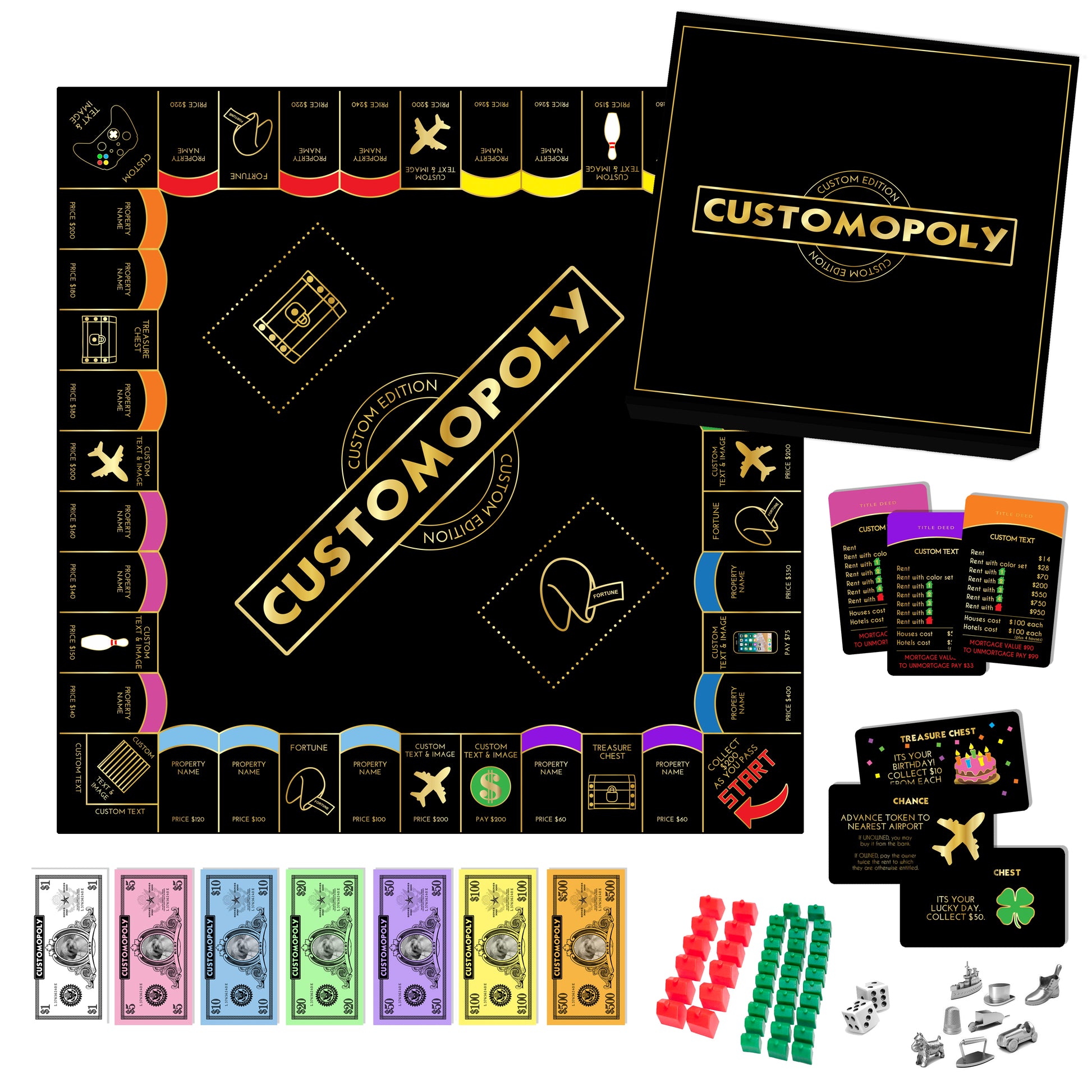 Custom Monopoly Board Game by Dani Kates Designs. Personalized board game, the gift for the person who has everything. Black and gold edition.