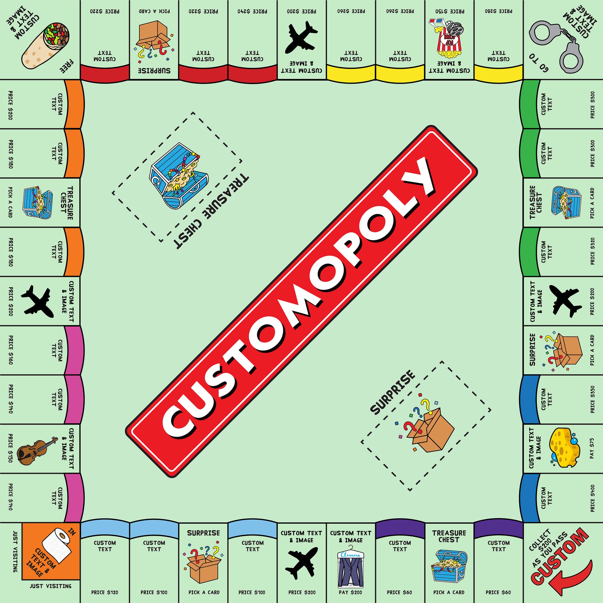 Make your very own board game with Custom Monopoly personalized board games. Customized board games. Personalized gift for the person who has everything. Custom designed corporate gifts. The perfect and unique birthday gift. 20 x 20
